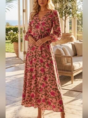 New Beyond by Vera Elegant Pink Floral Long Sleeve Dress size M 100% viscose